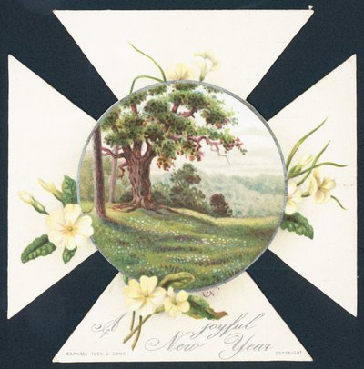 Primeln und Landschaftsszene, Neujahrskarte von English School