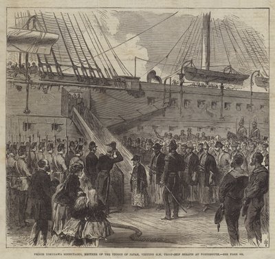 Prinz Tokugawa Minbutaiho, Bruder des Tycoon von Japan, besucht das Truppenschiff HM Serapis in Portsmouth (Stich) von English School