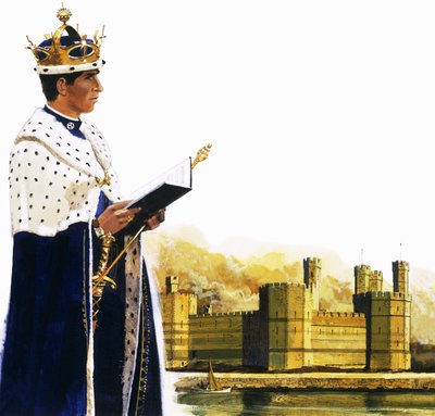 Prinz von Wales vor Caernarvon Castle von English School