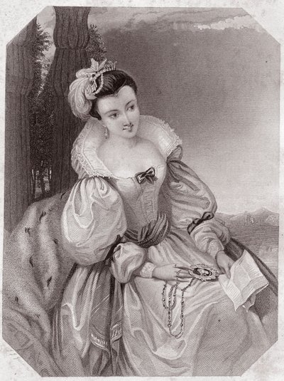 Prinzessin von Frankreich (Verlorene Liebesmüh) - Aus „Galerie des femmes de Shakespeare, Sammlung von fünfundvierzig ernsthaften Porträts der ersten Künstler Londons, bereichert mit kritischen und literarischen Hinweisen“ um 1838 von English School