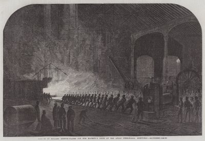 Prozess des Walzens von Panzerplatten für die Schiffe Ihrer Majestät in den Atlas Stahlwerken, Sheffield (Stich) von English School