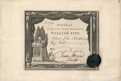 Prozessionseintrittskarte zur Beerdigung von William Pitt von English School