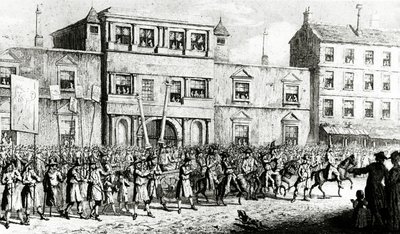 Prozession von 1741 in London, die sich über Freimaurer lustig macht, 1843 von English School