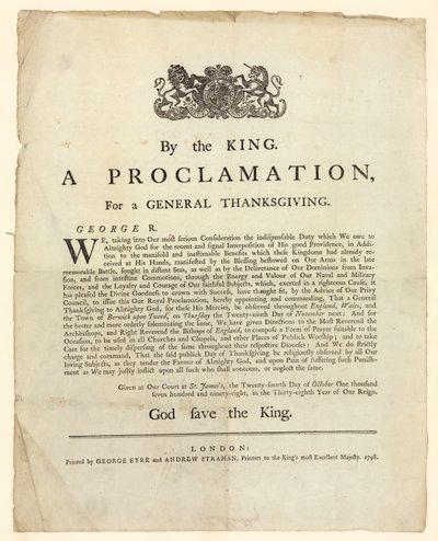 Proklamation für einen allgemeinen Dankgottesdienst, 1798 von English School