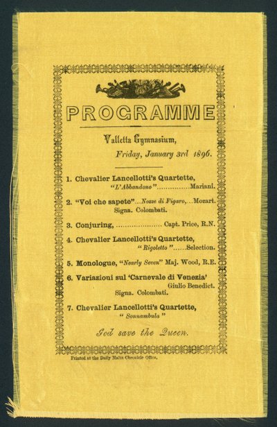 Programm für das Valletta Gymnasium, 3. Januar 1896 (Druck) von English School