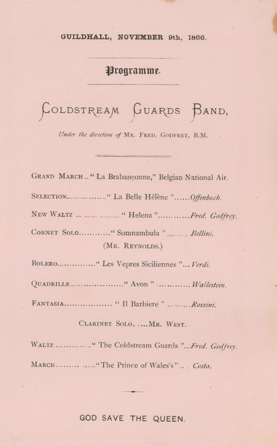 Programm für das Bankett in der Guildhall, London, am 9. November 1866 von English School
