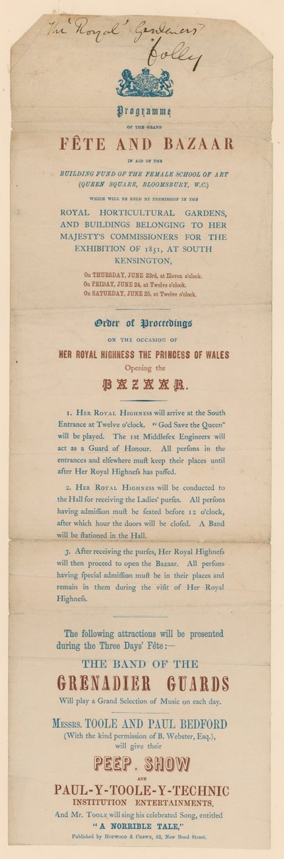 Programm des großen Festes und Basars zugunsten der Female School of Art von English School
