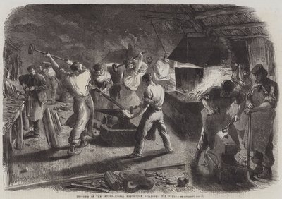Fortschritt des Internationalen Ausstellungsgebäudes, die Schmiede (Stich) von English School