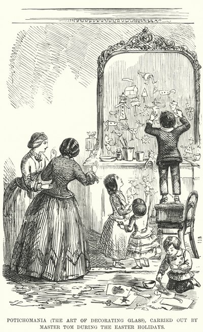 Potichomanie (die Kunst des Glasdekorierens), ausgeführt von Meister Tom während der Osterferien (Stich) von English School