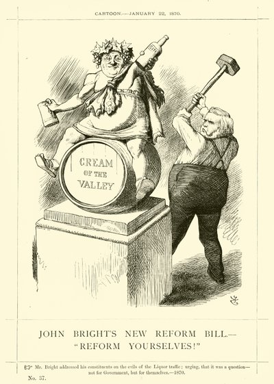 Punch-Karikatur über John Bright: John Brights neues Reformgesetz, "Reformiert euch selbst!", 22. Januar 1870 (Stich) von English School