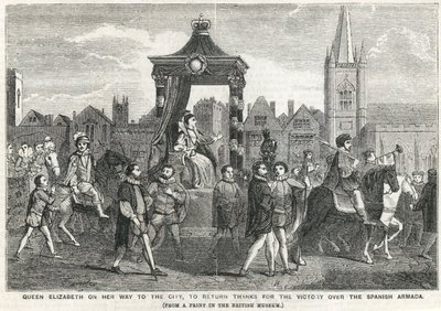 Königin Elisabeth I. auf dem Weg in die Stadt, um für den Sieg über die spanische Armada zu danken von English School