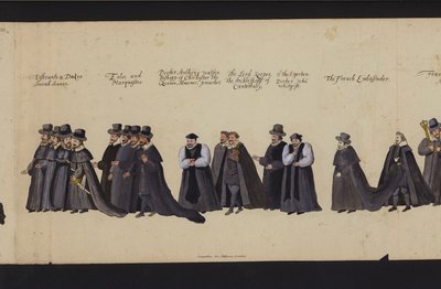 Begräbnisprozession von Königin Elisabeth I (farbiger Stich) von English School