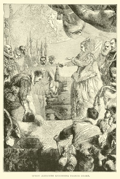 Königin Elisabeth schlägt Francis Drake zum Ritter von English School