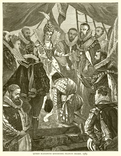 Königin Elisabeth schlägt Francis Drake zum Ritter, 1585 von English School