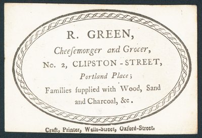 R Green, Käsehändler und Lebensmittelhändler, Visitenkarte von English School