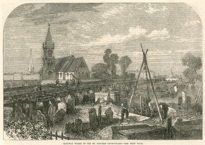Eisenbahnarbeiten auf dem alten Friedhof der St. Pancras Kirche, London von English School