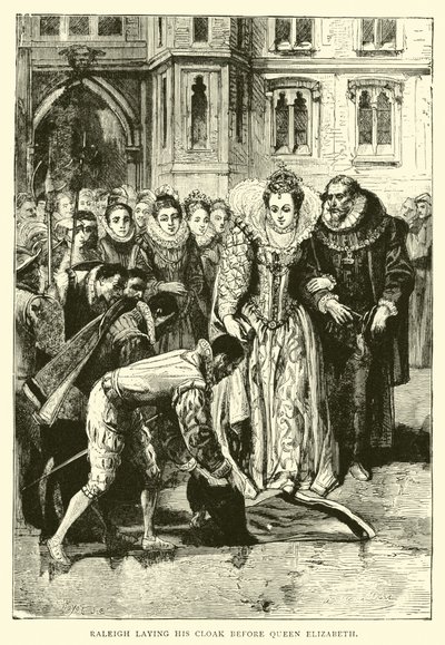 Raleigh legt seinen Mantel vor Königin Elisabeth aus von English School
