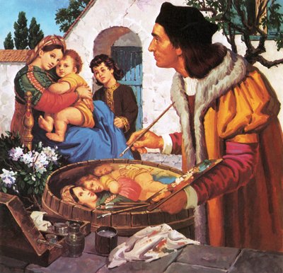 Raffael malt Madonna und Kind auf einem Weinfass von English School