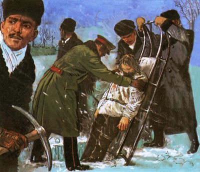 Rasputins Körper wird durch ein in das Eis geschnittenes Loch gesenkt von English School