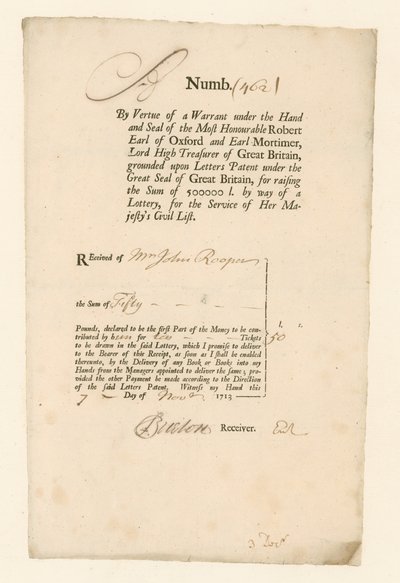 Quittung für Civil List Lotterie von 1713 von English School