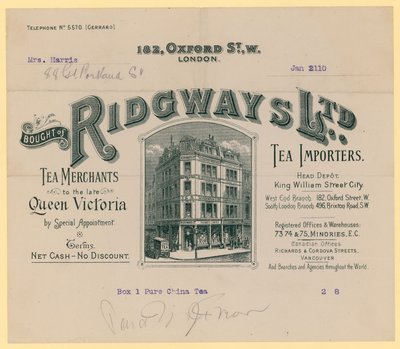 Quittung von Ridgways, Teeimporteure, 182 Oxford Street, London von English School