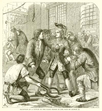 Empfang eines Schuldners im Fleet-Gefängnis zur Zeit von George II von English School