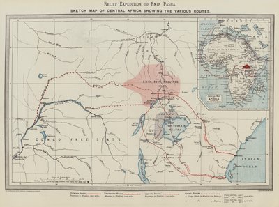 Rettungsexpedition zu Emin Pascha, Skizzenkarte von Zentralafrika mit den verschiedenen Routen (Farblithographie) von English School
