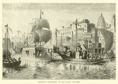 Religiöse Prozession auf dem Fluss, Benares von English School