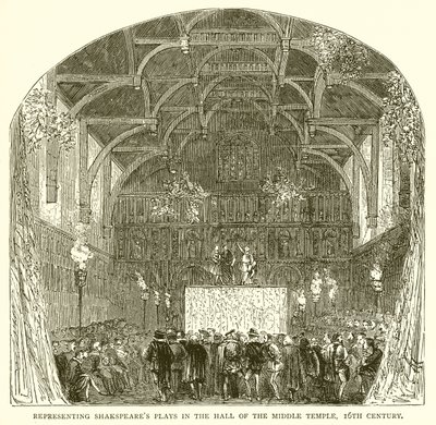 Darstellung von Shakespeares Stücken in der Halle des Middle Temple, 16. Jahrhundert von English School