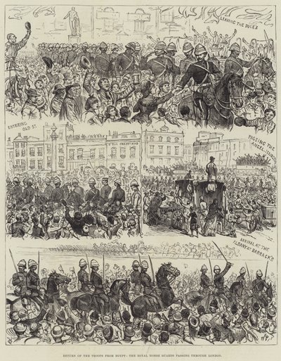 Rückkehr der Truppen aus Ägypten, die königliche Leibgarde zieht durch London (Stich) von English School