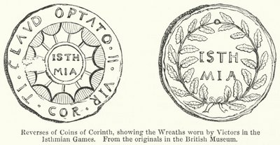 Rückseiten von Münzen aus Korinth, die die Kränze der Sieger der Isthmischen Spiele zeigen (Gravur) von English School