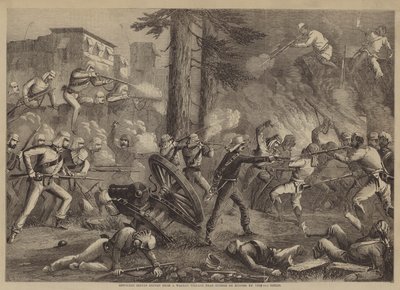 Revoltierten Sepoys aus einem ummauerten Dorf in der Nähe von Guznee de Nugger von den 60. Gewehren vertrieben (Stich) von English School