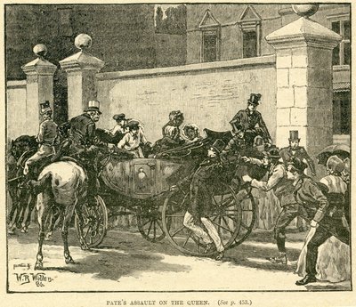 Robert Pates schlägt die Königin vor dem Cambridge House, Illustration aus The Life and Times of Queen Victoria, Vol. II von Robert Wilson, 1888 von English School