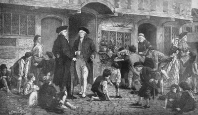 Robert Raikes, der Gründer der Sonntagsschulen, und das Haus, in dem die erste Sonntagsschule stattfand von English School