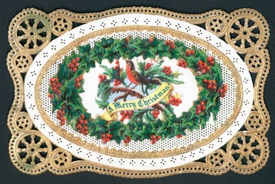 Rotkehlchen sitzt auf Stechpalmenzweig, Weihnachtskarte von English School
