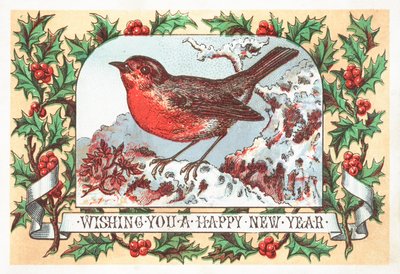 Rotkehlchen auf schneebedecktem Ast, Neujahrskarte von English School