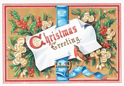 Rotkehlchen mit Nachricht und Blumen, Weihnachtskarte von English School