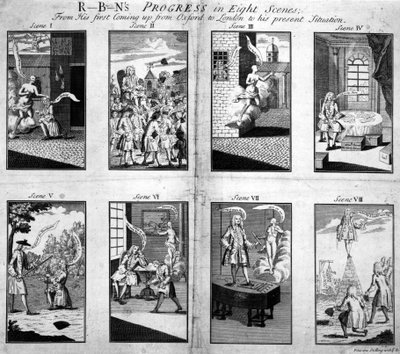 Robins Fortschritt in acht Szenen, von seiner ersten Ankunft aus Oxford in London bis zu seiner jetzigen Situation, 1733 von English School