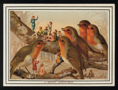 Rotkehlchen und eine Gruppe von Darstellern, Weihnachtsgrußkarte von English School