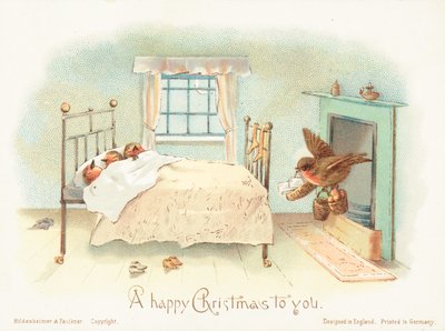 Rotkehlchen schlafen im Bett! Weihnachtskarte von English School
