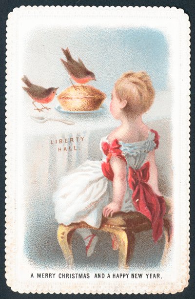 Rotkehlchen picken an Kuchen, Weihnachtskarte von English School
