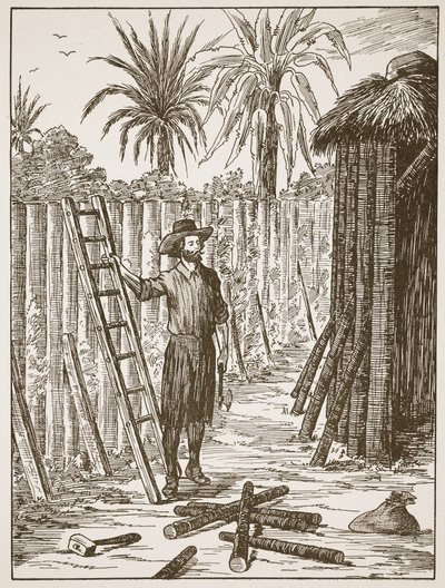 Robinson Crusoe baut seine Laube, Illustration aus Die Geschichte von Robinson Crusoe: Eine Adaption für Kinder nach Defoes Sprache, veröffentlicht von Griffith Farran Browne & Co. Limited, London von English School