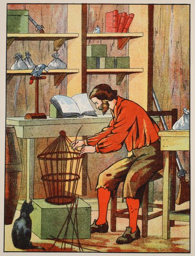 Robinson Crusoe baut einen Käfig für seinen Papagei, Illustration aus Die Geschichte von Robinson Crusoe: Eine Adaption für Kinder nach Defoes Sprache, veröffentlicht von Griffith Farran Browne & Co. Limited, London von English School