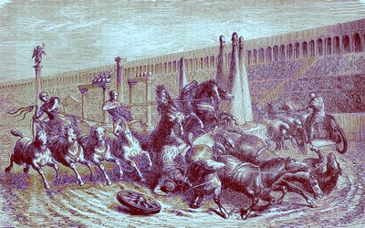 Römische öffentliche Spiele unter dem Imperium - das Wagenrennen im Zirkus, Illustration aus Die Illustrierte Geschichte der Welt, veröffentlicht um 1880 von English School