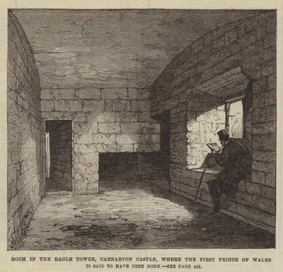 Zimmer im Eagle Tower, Carnarvon Castle, wo der erste Prinz von Wales geboren worden sein soll (Gravur) von English School