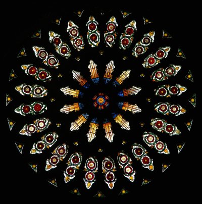 Rosettenfenster, das die Vereinigung der Häuser Lancaster und York symbolisiert von English School