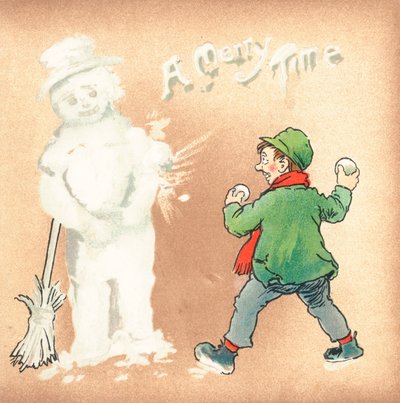 Rauher Junge wirft Schneebälle auf Schneemann, Weihnachtskarte von English School