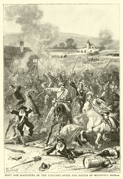 Flucht und Massaker der Puritaner nach der Schlacht von Bothwell Bridge von English School