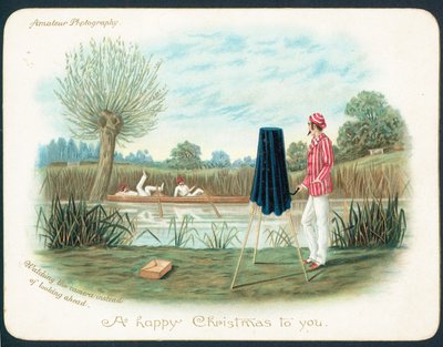 Ruderer kollidieren mit Boot auf Fluss! Weihnachtskarte von English School