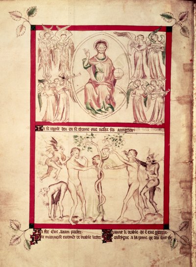 Gott in einer Mandorla umgeben von musizierenden Engeln, Versuchung Evas, aus dem Queen Mary Psalter, ca. 1310-20 von English School